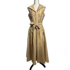 Vintage Gold Satin Adrianna Papell Pleated Collared Dress, Brushed Gold, Size 8